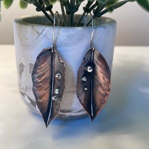 Oxidized Bronze Leaf Earrings with Sterling Silver “Pearls”